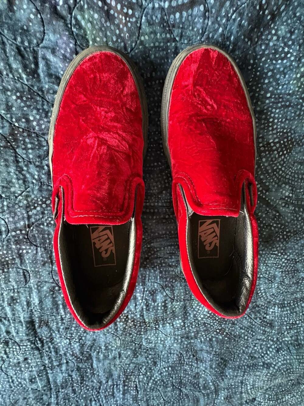 Whimsygoth Vans Classic Slip-On Red Crushed Velvet Sneakers with Black Sole